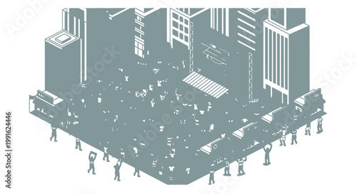 Plaza area serves as a central hub for a gathering crowd positioned amongst tall office towers.