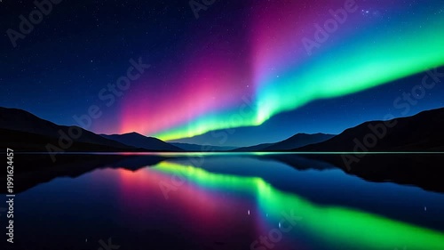 aurora borealis over mountain lake