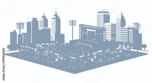 City stadium hosts a large group of spectators beneath the skyline of a modern metropolitan district.