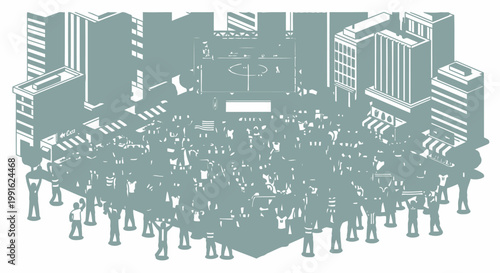 Crowd gathers in an urban square to celebrate a public sporting event surrounded by tall skyscrapers.