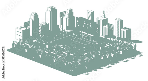 Stadium view shows an urban soccer field surrounded by high-rise buildings and floodlights in a stylized isometric illustration.
