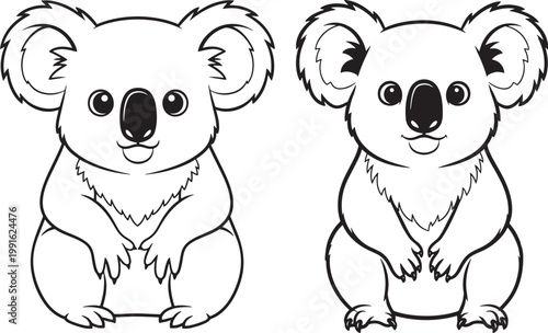 Two cartoon koalas black and white outline isolated on white background coloring page line art cute animal australia marsupial wildlife illustration arboreal eucalyptus character adorable