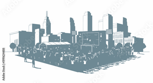 Crowd gathers in a city square to watch a live sports match on a large outdoor screen surrounded by modern skyscrapers.