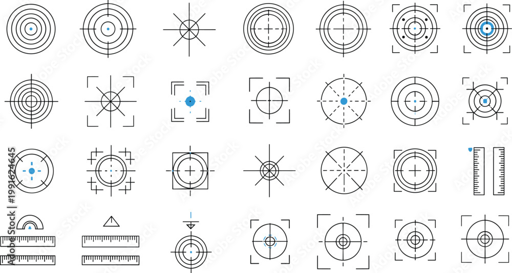 Fototapeta premium Crosshair Target and Measurement Icon Set with Aim Focus Grid Ruler Precision Alignment Symbols for Design Tools Interface and Technical Applications.