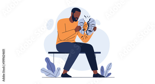 A man sits on a bench while contemplating three broken ceramic masks, illustrating the complexity of human emotions and mental health in a soft space.