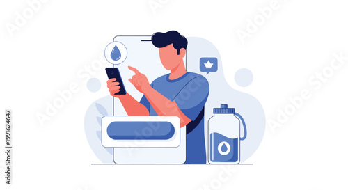 A man uses a mobile application to track his daily water intake while standing next to a large digital hydration interface in a minimalist setting.