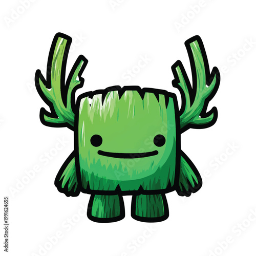 Cartoon green monster with antlers smiling.