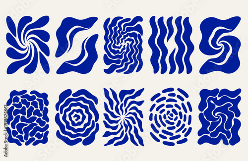 Ten abstract blue shapes arranged in two rows. Each shape has fluid, wavy patterns that resemble spirals, waves, or clustered concentric forms. Together, they create a sense of motion and rhythm.