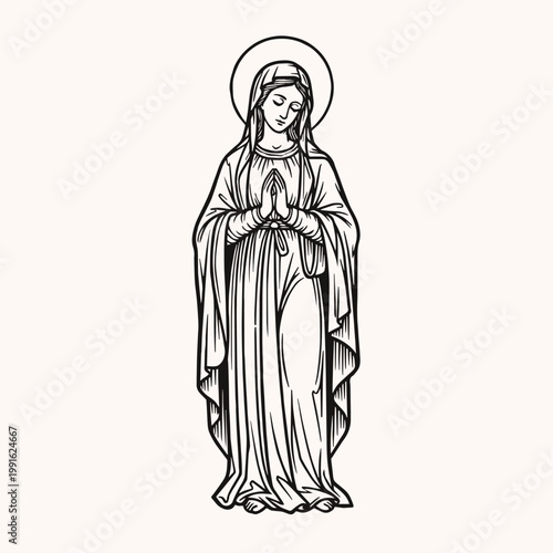 line art illustration of Mother Mary praying. black and white. vector graphic illustration art