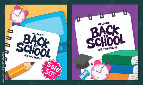 Back to School greeting clipart poster set. Back to School Sale and greeting text clip art in notebook paper background for School promotion, special offer tags and fliers with learning materials 