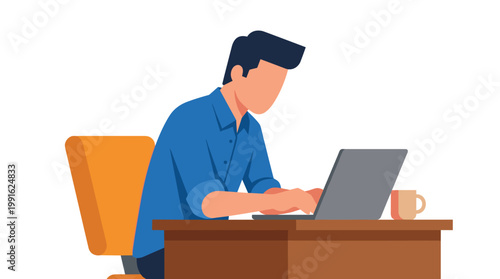 A professional man in a blue collared shirt works diligently on a laptop while sitting at a brown wooden desk in a vibrant and comfortable orange office chair.