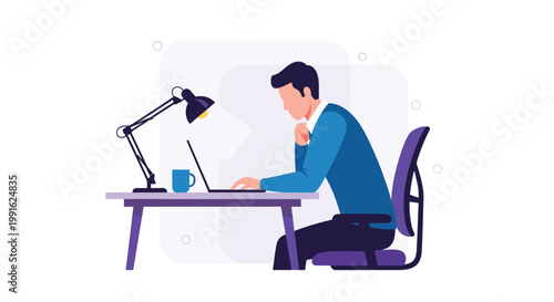 A focused young man in a blue sweater sits at a meticulous purple desk while working on his laptop under the warm glow of a black articulated desk lamp.