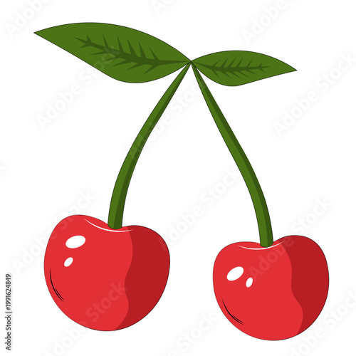 Illustration of Two Cherries with Stem and Leaf
