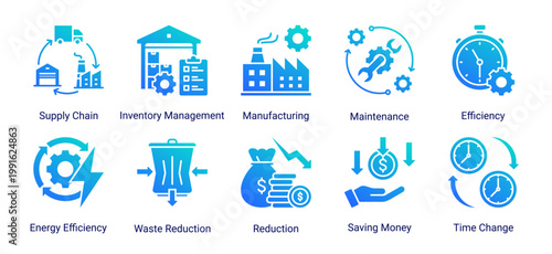 Industrial-focused icon set for operations,logistics,and efficiency improvement.Ideal for manufacturing,lean management,and process optimization projects.
