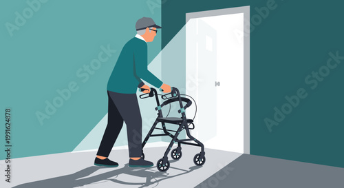 An elderly man wearing a cap and glasses uses a black four-wheeled walker to move toward a bright white light emanating from an open doorway in a teal room.