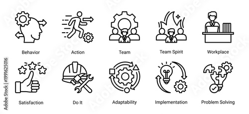 This kaizen icon set represents teamwork,workplace culture,and behavior-driven improvement.Ideal for HR,collaboration,leadership,and organizational development projects.