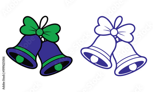 Colorful blue and green christmas bells with bow tied on top for festive winter holiday decoration.