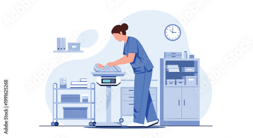A focused pediatric nurse in blue scrubs carefully weighs a swaddled newborn baby on a digital scale inside a clean hospital nursery with a gentle blue color palette.