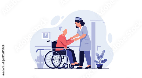A kind nurse in a light blue uniform provides steady assistance to an elderly woman sitting in a wheelchair within a bright nursing facility with soft purple accents.