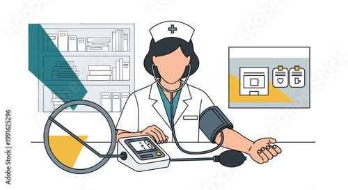 A professional nurse in a white cap and coat uses a manual sphygmomanometer and stethoscope to measure blood pressure in a medical office with a neutral gray motif.