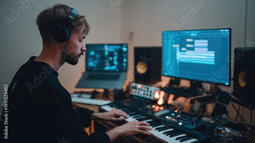 Young man music producer working in home studio with midi keyboard, headphones and computer, composing electronic music in professional recording studio