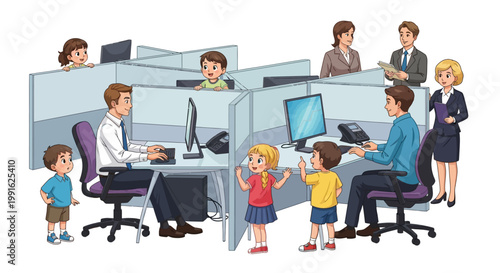 Illustration depicting Take Our Daughters and Sons to Work Day, showing children visiting their parents in a modern office cubicle setting, depicted in a cartoon style with bright, cheerful