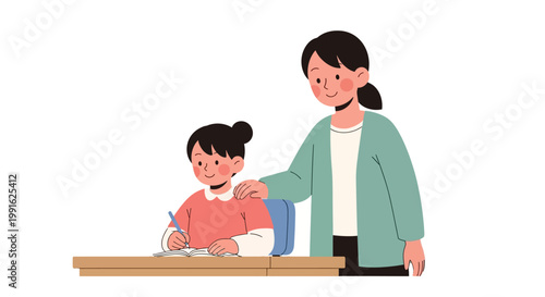 On Take Our Daughters and Sons to Work Day, a child sits at a desk with her mother's hand on her shoulder, drawing a picture in a brightly lit room with a clean white background
