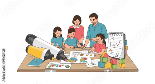 Family participating in Take Our Daughters and Sons to Work Day, reviewing charts and graphs together in a bright office, illustrated with markers, building blocks, and a notepad