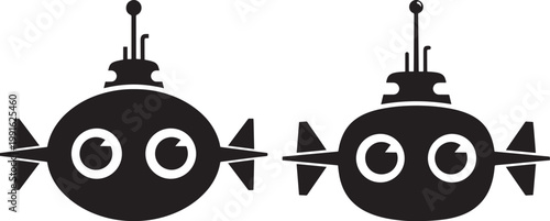 Two cute cartoon submarines with large eyes facing forward black and white digital art white background line art graphic resource submarine underwater transport illustration silhouette