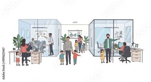 A detailed line art illustration showing Take Our Daughters and Sons to Work Day, with parents and children visiting their workplaces in modern glass-walled offices, featuring a diverse