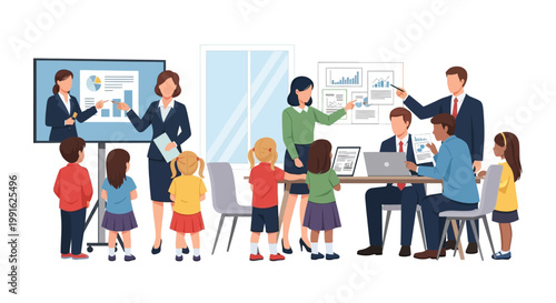 During Take Our Daughters and Sons to Work Day, a group of children watch their parents presenting business data in a modern office setting with a bright, professional atmosphere