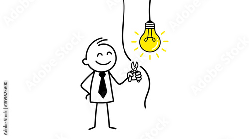 Happy stick figure holding wire cutters near a glowing light bulb