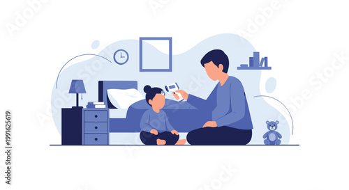 A concerned father uses a digital infrared thermometer to check the temperature of his young daughter sitting on a bed in a soft blue and white bedroom setting.