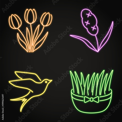 Spring symbols neon icon set
