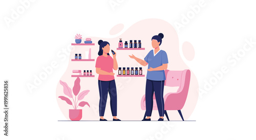 A curious customer in a pink shirt samples aromatic oils while a helpful shop assistant in blue provides expert guidance in a pristine boutique store.