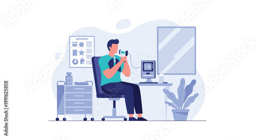 A patient wearing a teal shirt performs a lung function test by blowing into a spirometer while a monitor displays real-time data in a modern clinic.