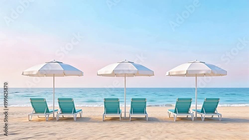 Beach chairs and umbrellas by ocean
