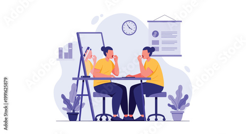 A thoughtful woman in a yellow shirt sits at a table and observes her reflection in a large mirror while eating a small snack in a bright dining room.