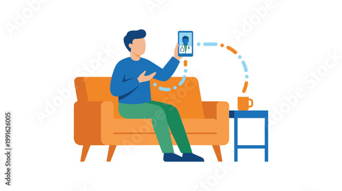 A man in a blue shirt sits on an orange sofa while conducting a remote medical consultation with a doctor via a smartphone app in his living room.