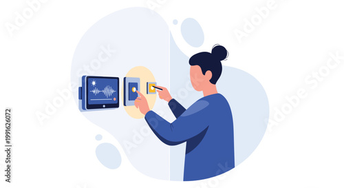 A woman in a dark blue shirt interacts with a smart home control panel mounted on a wall to manage her domestic environment efficiently and easily.