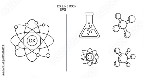 Atomic structure and chemical flask icons representing science.