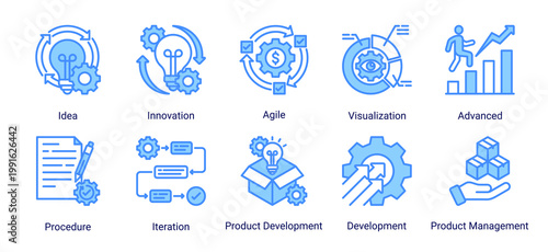Creative icon set representing innovation,development processes,and agile methodologies for modern business and digital projects.