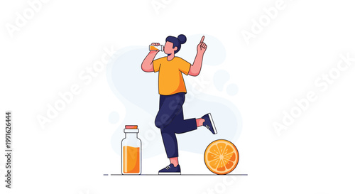 A cheerful woman wearing a bright yellow t-shirt stands on one leg while drinking fresh orange juice next to a large sliced citrus fruit illustration.