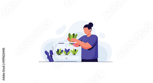 A woman wearing a deep purple shirt carefully harvests vibrant green leafy vegetables from a modern white indoor hydroponic gardening system under a grow light.
