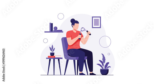 A determined woman sits on a comfortable purple chair and performs hand strength exercises using a black and blue grip strengthener in her home office.