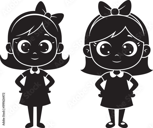 Two cartoon silhouette girls with bows in their hair standing and smiling black and white little girl silhouette character illustration adorable childhood innocence standing front view