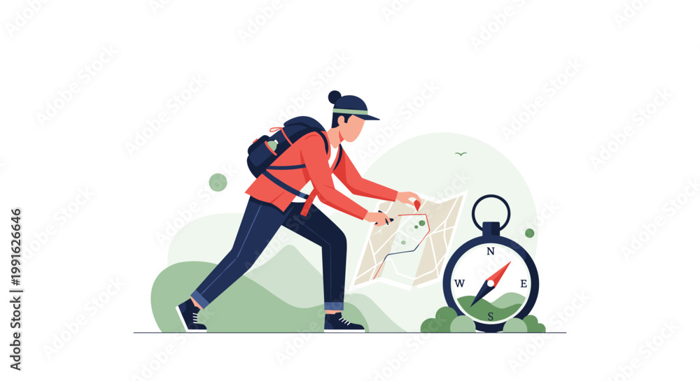 Fototapeta premium An adventurous hiker wearing a red jacket and backpack carefully studies a paper map while a large navigational compass rests on the green ground.