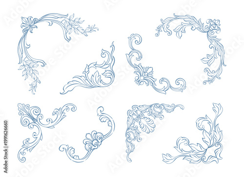 Vintage corner set. Baroque classic corner frames with hand drawn acanthus leaves and florals. Whimsical Victorian corners line art for wedding invitation decor, card, book cover, and save the date.