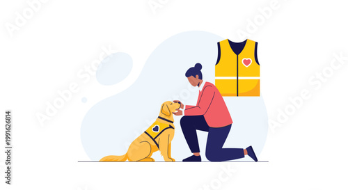 A compassionate woman wearing a red sweater kneels down to gently pet a loyal golden retriever service dog wearing a bright yellow vest in a soft blue room.