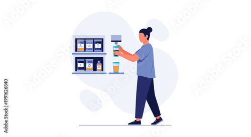 A professional woman wearing blue attire fills a clear glass with refreshing orange juice from a modern wall-mounted dispenser in a soft blue-toned room.